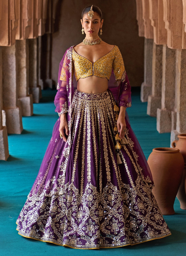 Purple And Yellow Raw Silk Lehenga Set