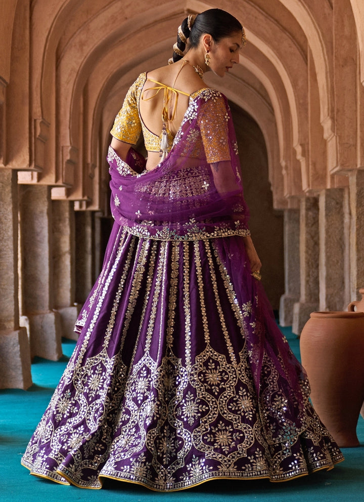 Purple And Yellow Raw Silk Lehenga Set