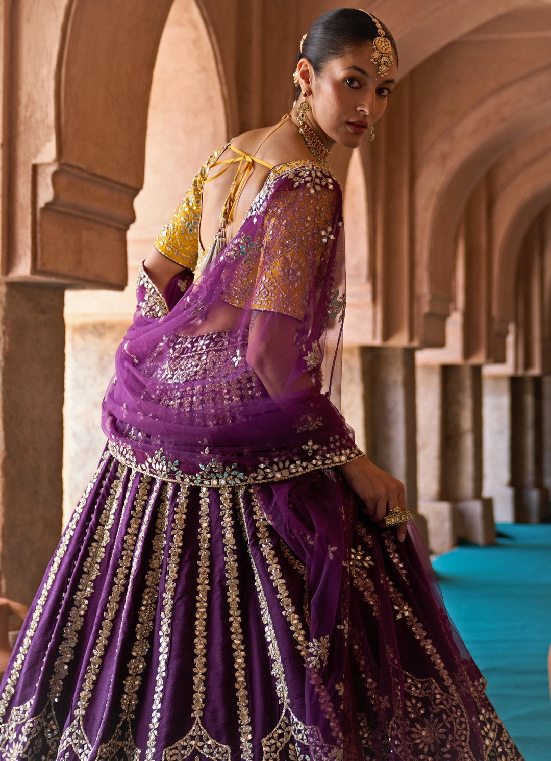 Purple And Yellow Raw Silk Lehenga Set