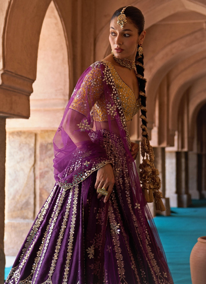 Purple And Yellow Raw Silk Lehenga Set
