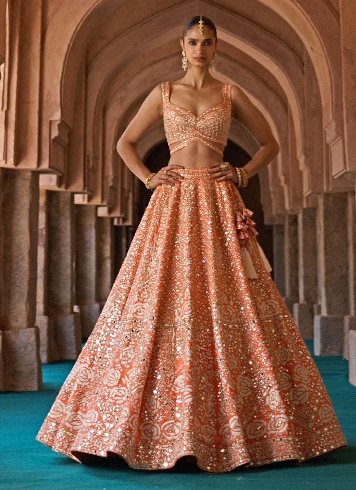 Orange Raw Silk Lehenga Set