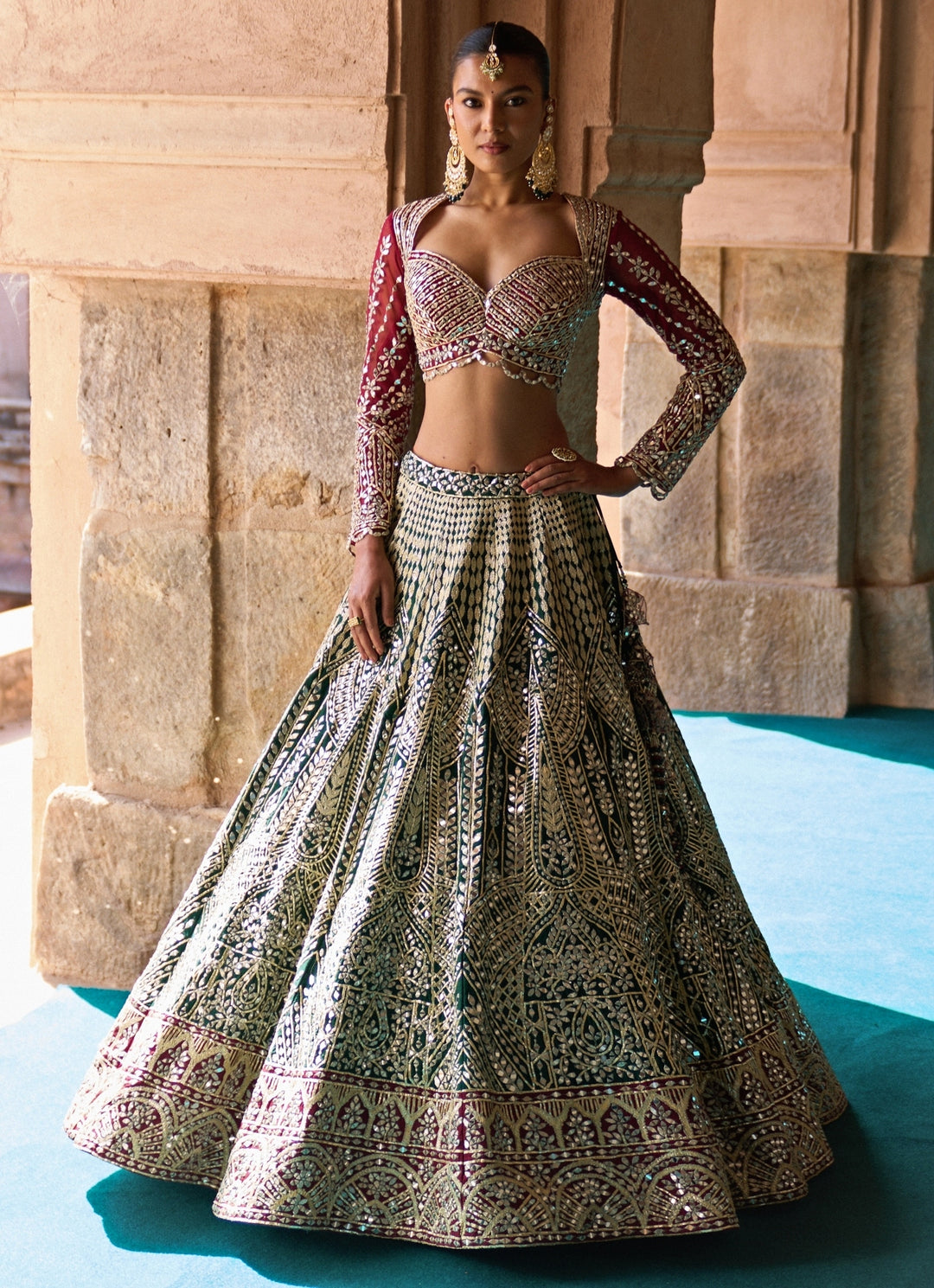 Green And Maroon Red Raw Silk Lehenga Set