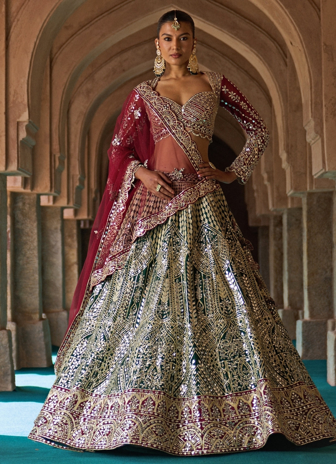 Green And Maroon Red Raw Silk Lehenga Set