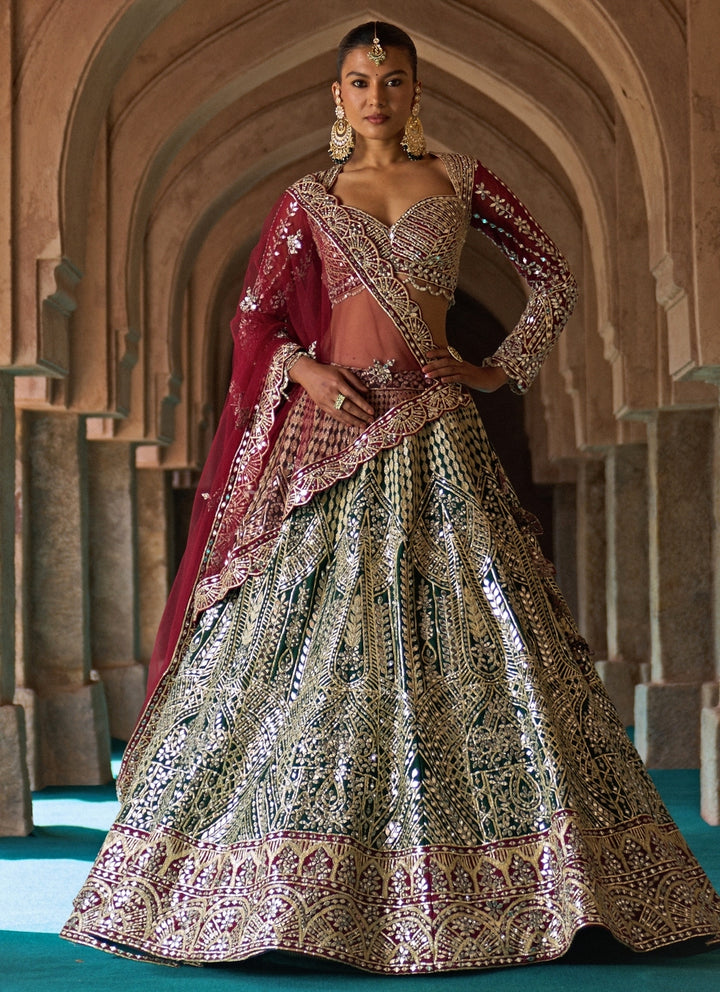 Green And Maroon Red Raw Silk Lehenga Set