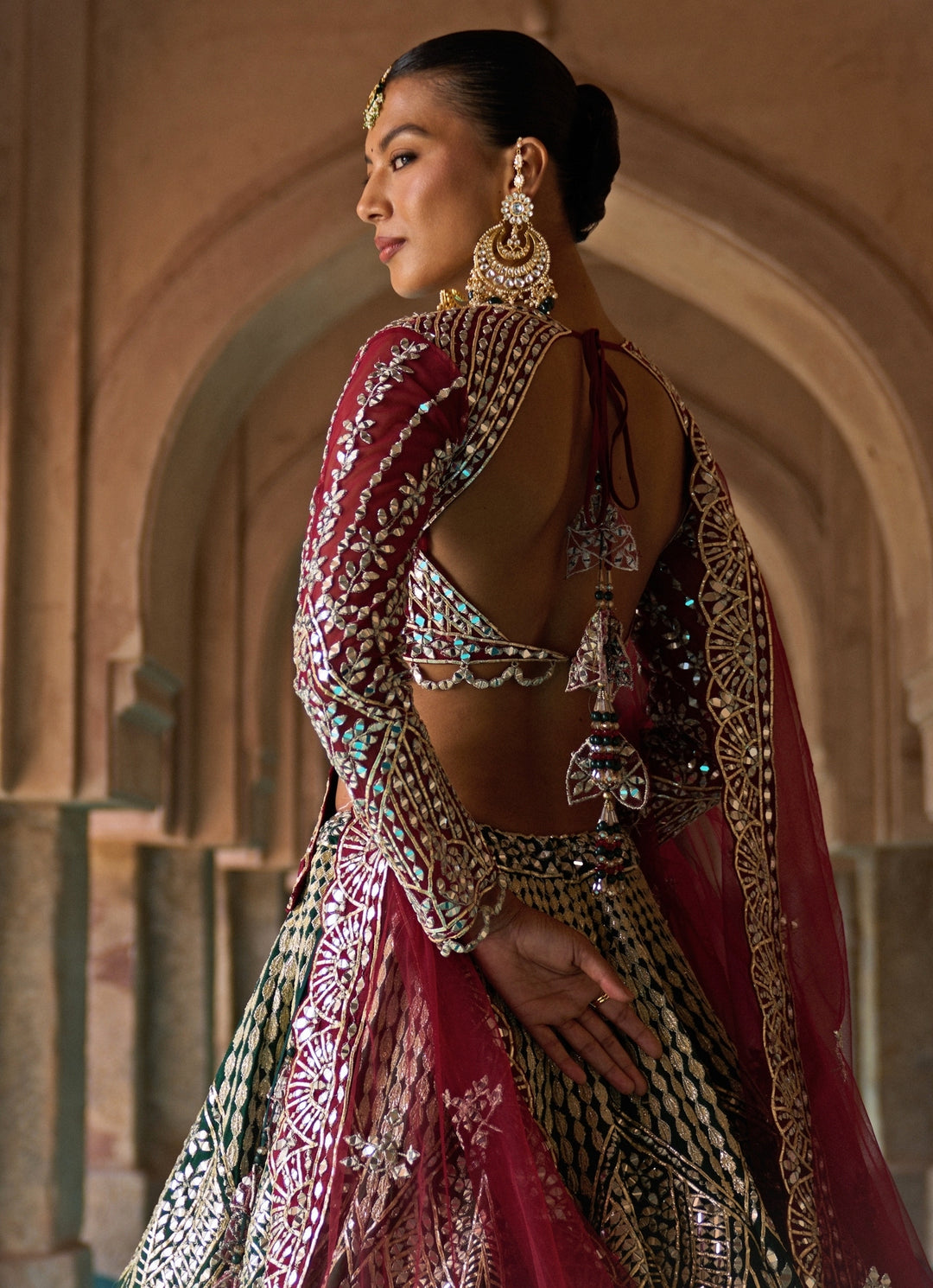 Green And Maroon Red Raw Silk Lehenga Set