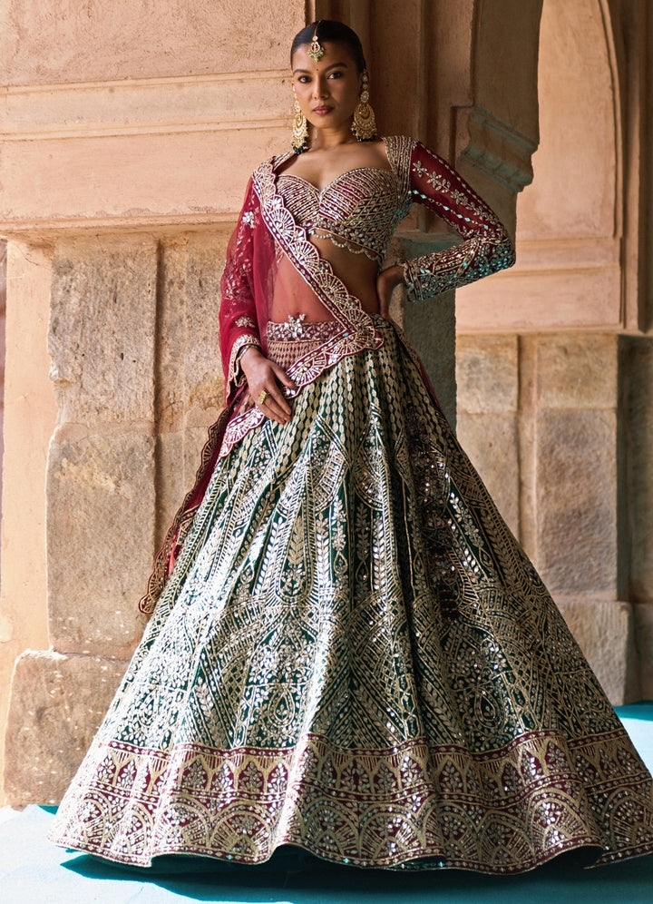 Green And Maroon Red Raw Silk Lehenga Set
