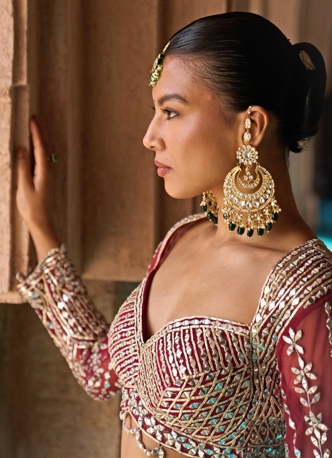 Green And Maroon Red Raw Silk Lehenga Set