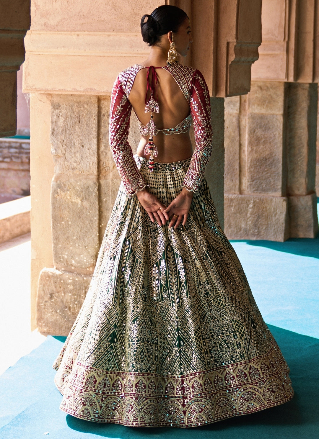 Green And Maroon Red Raw Silk Lehenga Set