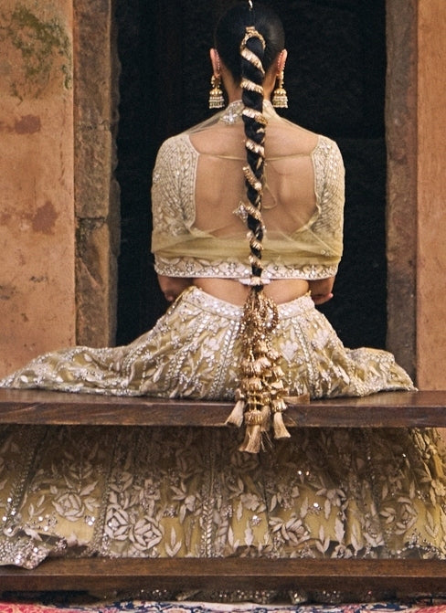 Beige Gold Soft Net Lehenga Set