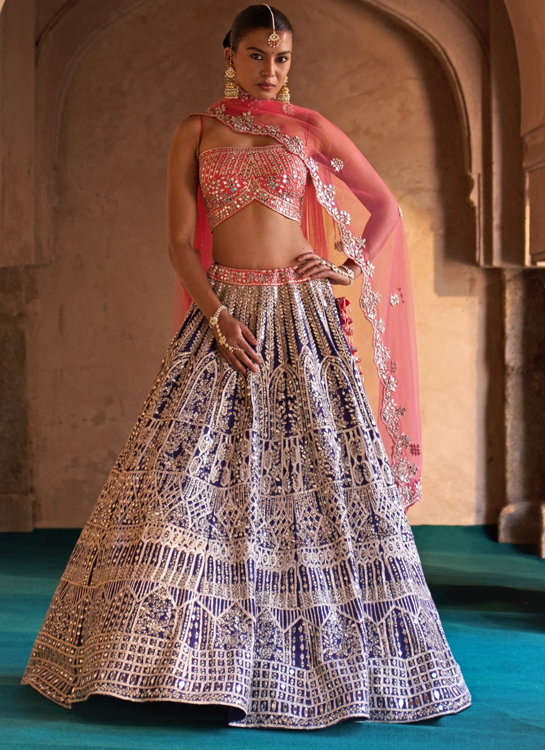 Blue And Coral Raw Silk Lehenga Set