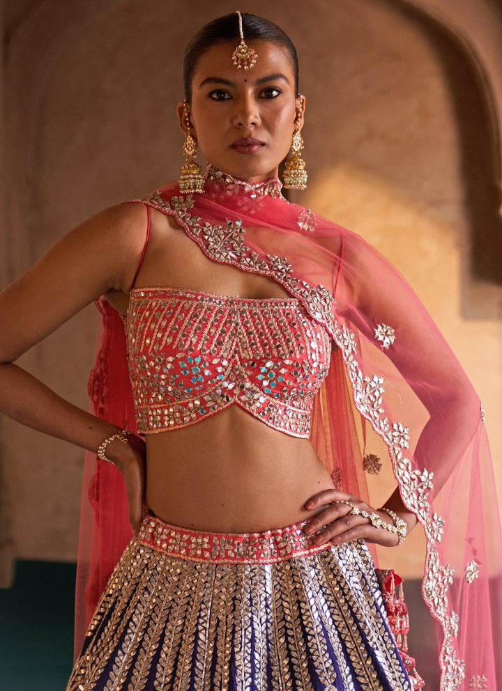 Blue And Coral Raw Silk Lehenga Set