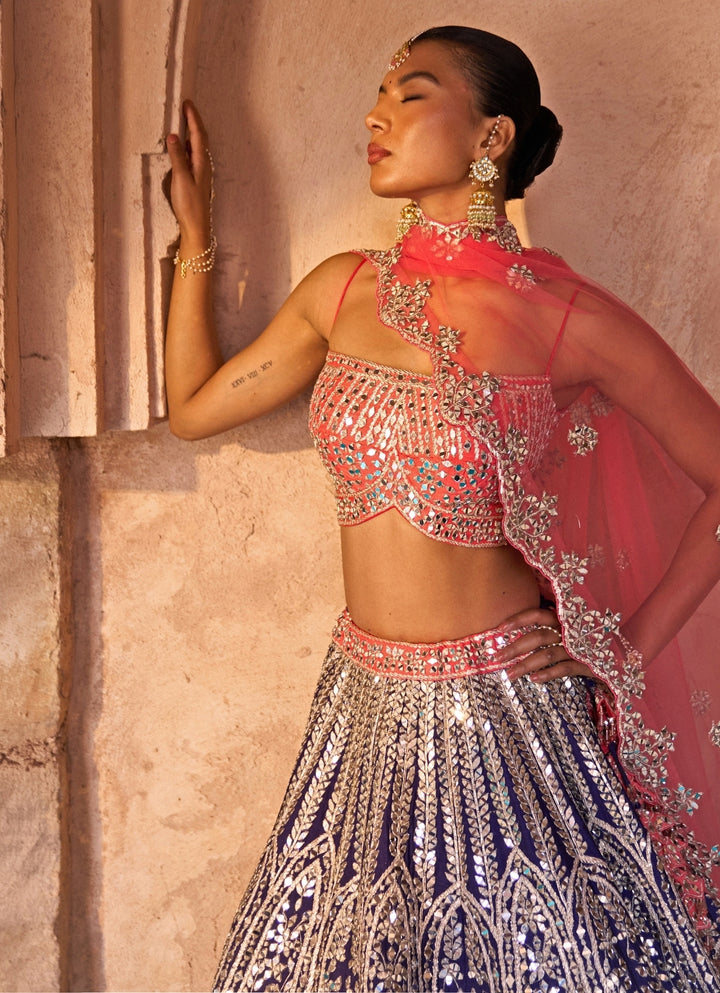 Blue And Coral Raw Silk Lehenga Set