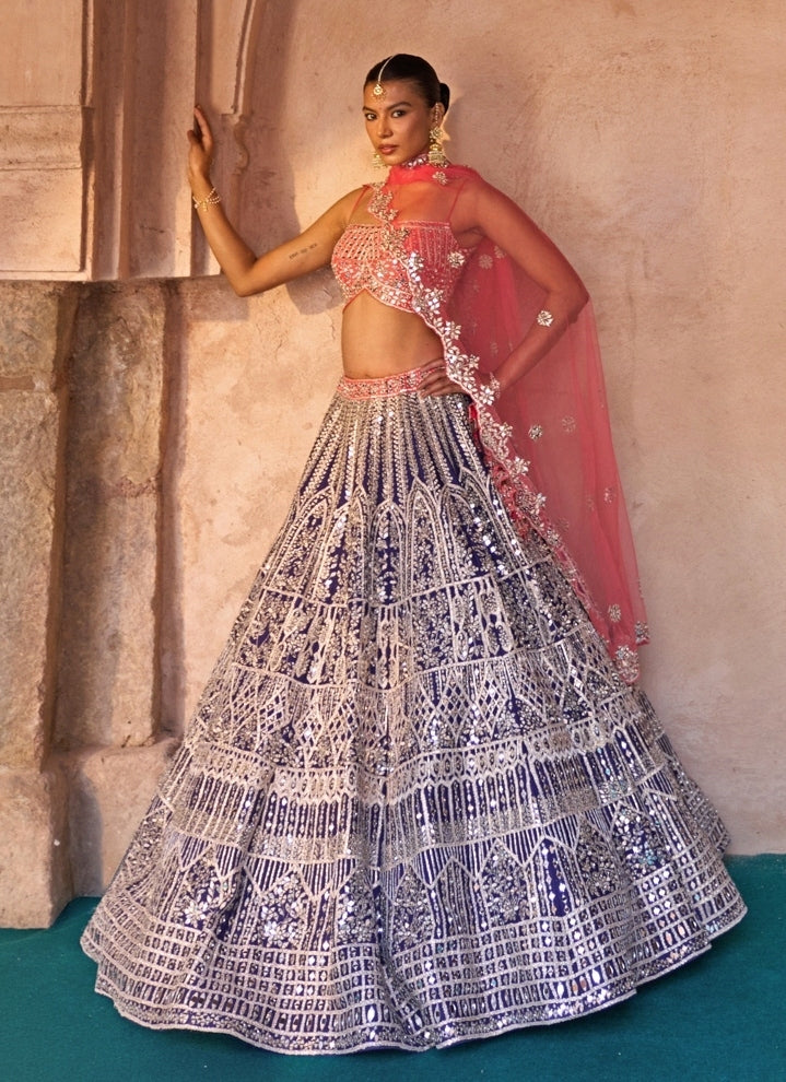 Blue And Coral Raw Silk Lehenga Set