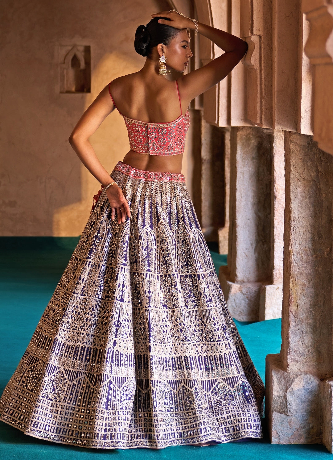 Blue And Coral Raw Silk Lehenga Set