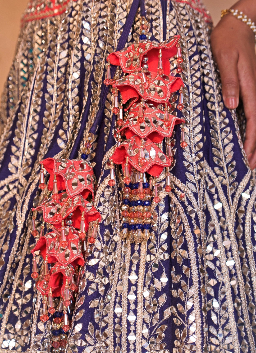 Blue And Coral Raw Silk Lehenga Set