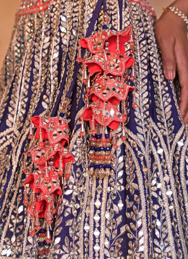 Blue And Coral Raw Silk Lehenga Set
