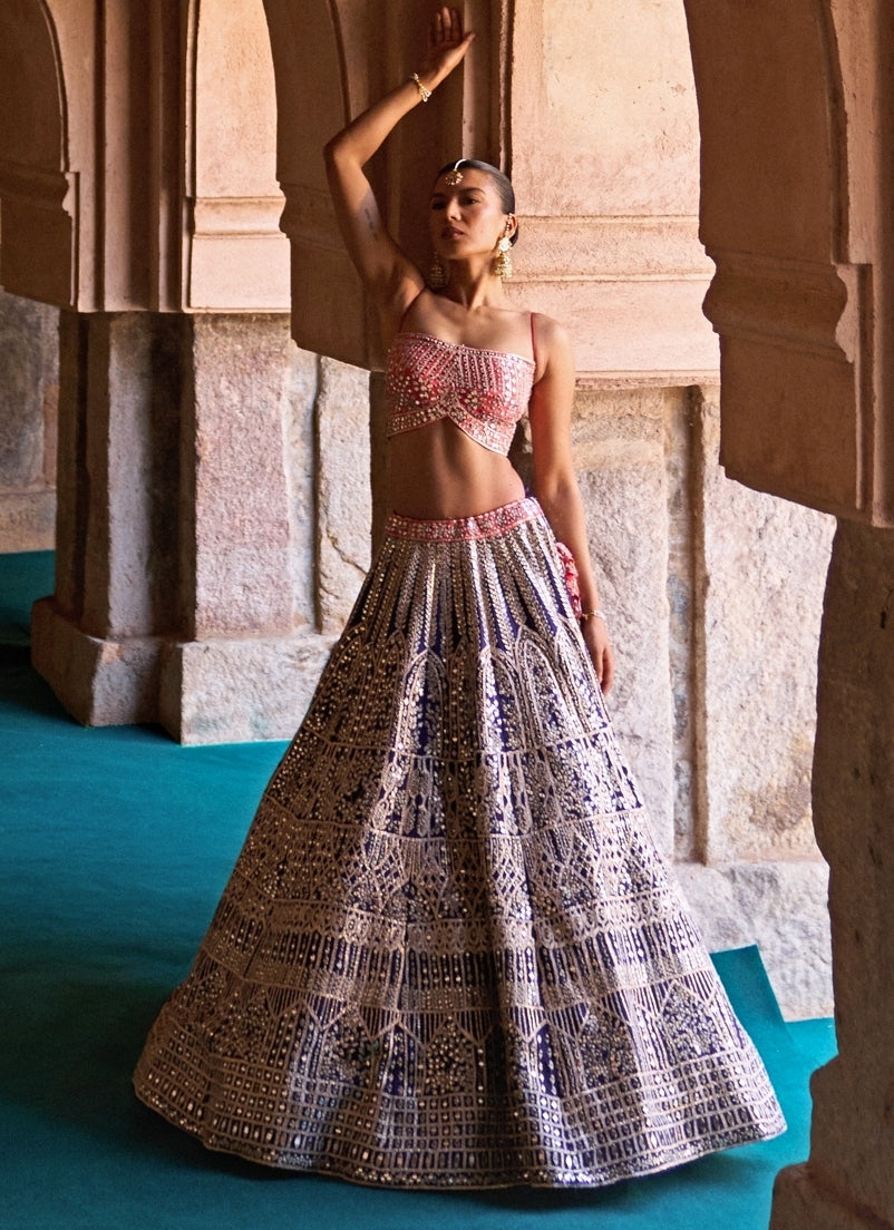 Blue And Coral Raw Silk Lehenga Set