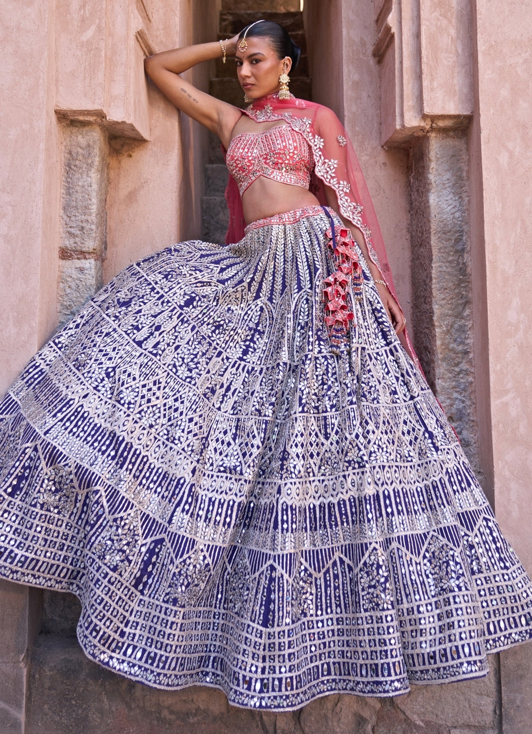 Blue And Coral Raw Silk Lehenga Set