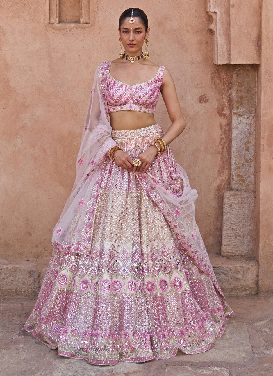 Ivory And Pink Soft Net Lehenga Set