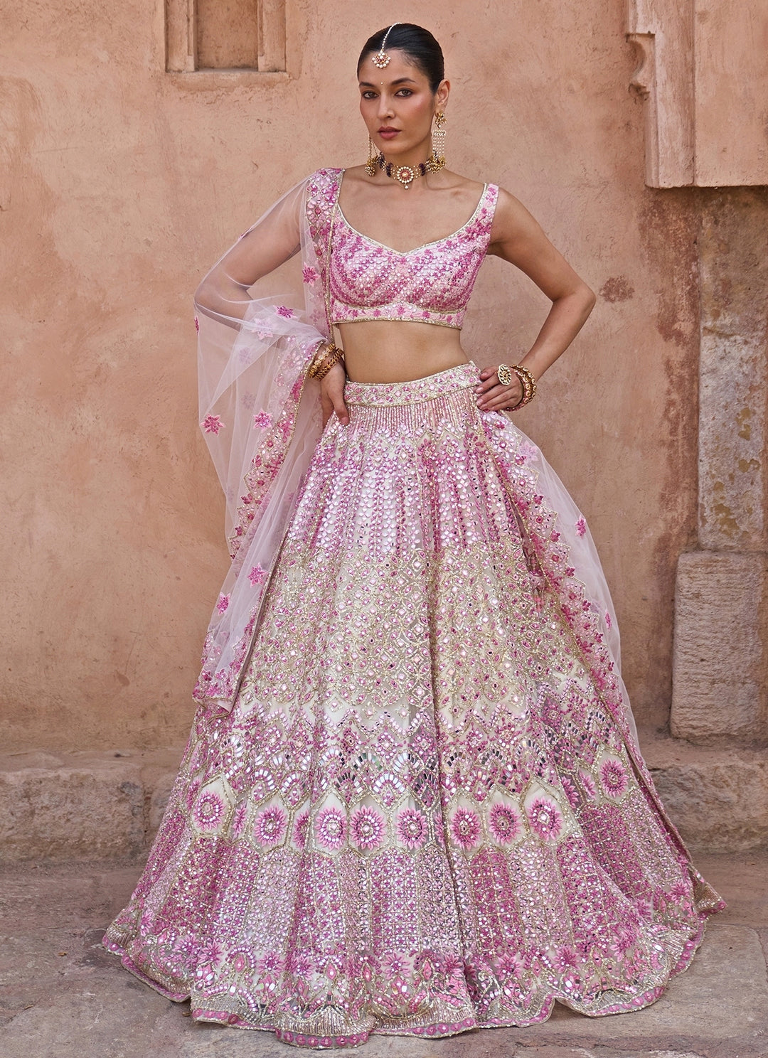 Ivory And Pink Soft Net Lehenga Set