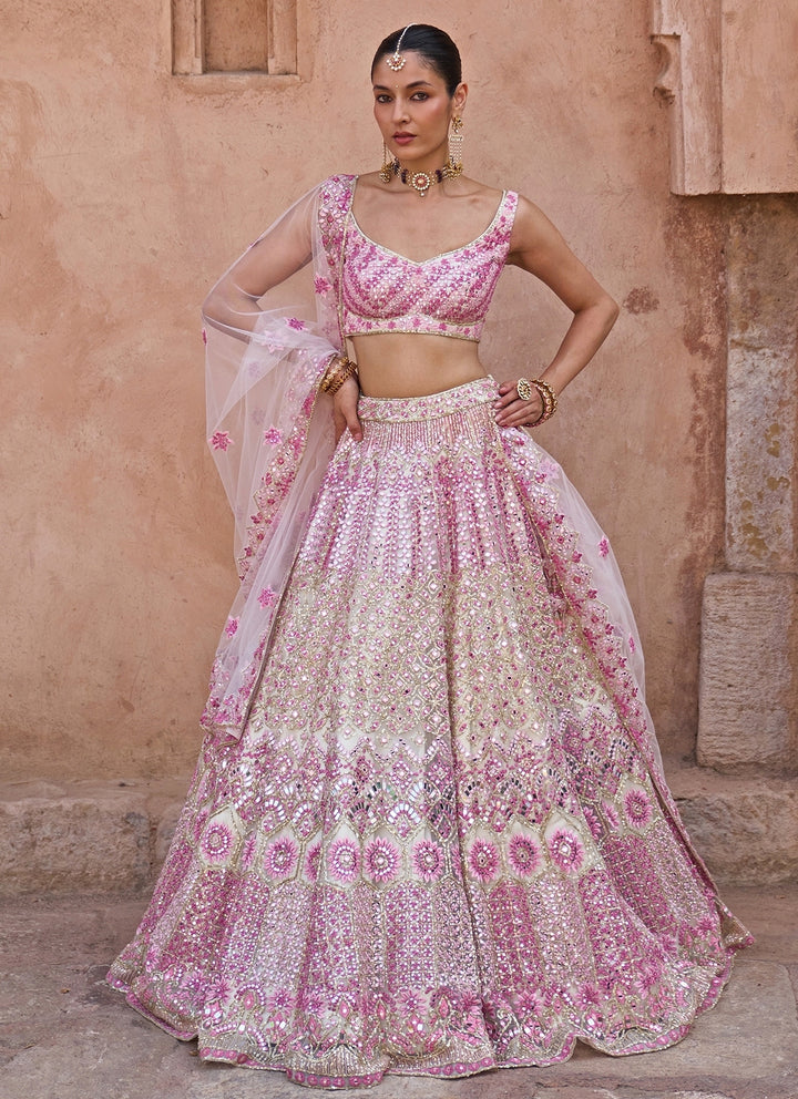 Ivory And Pink Soft Net Lehenga Set