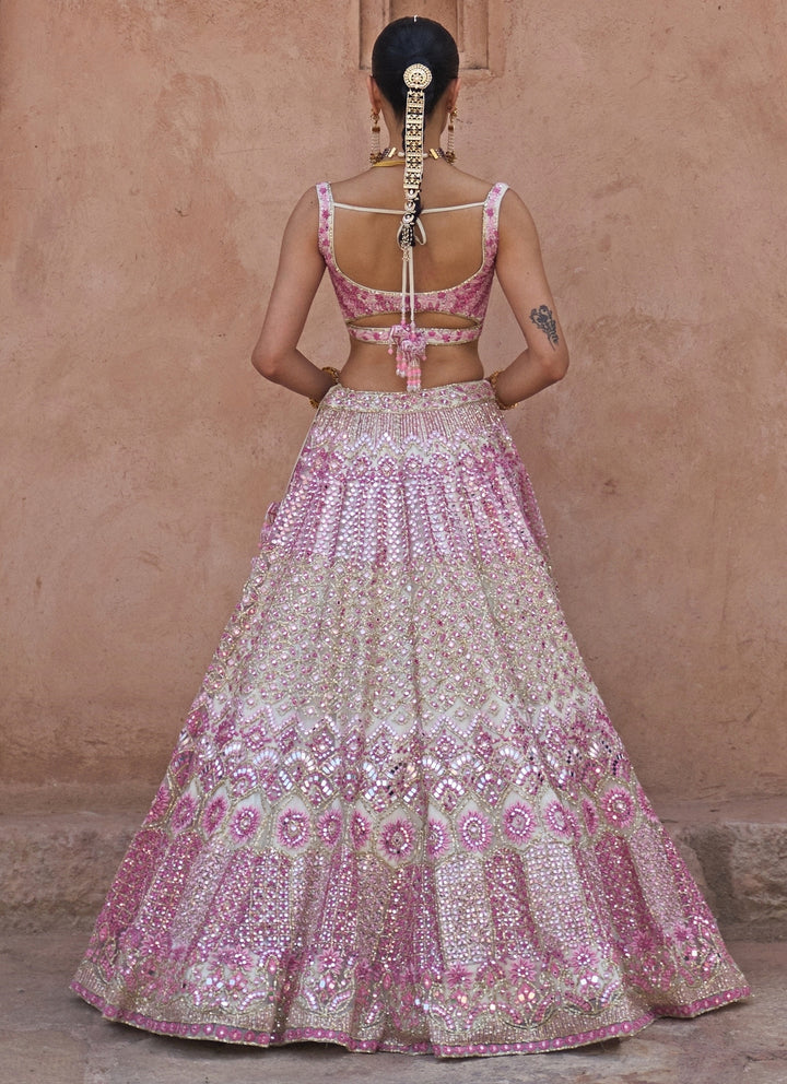 Ivory And Pink Soft Net Lehenga Set