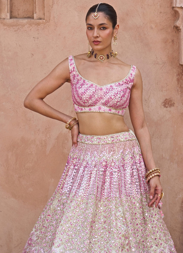 Ivory And Pink Soft Net Lehenga Set