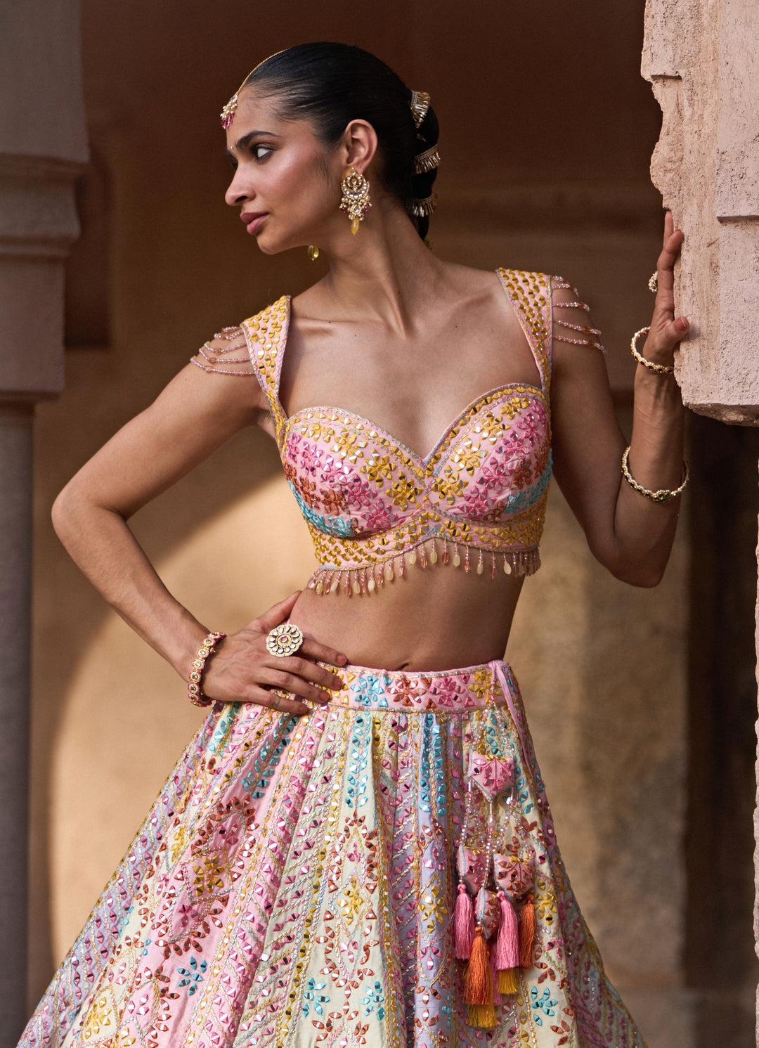 Multicolor Raw Silk Lehenga Set