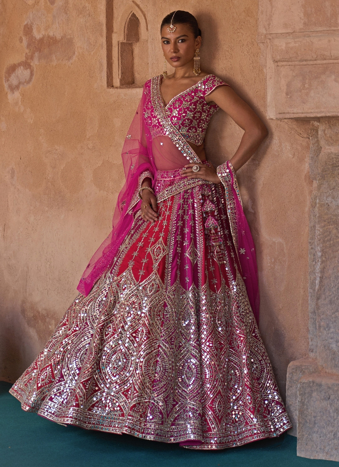 Multicolour Embroidered Raw Silk Lehenga Set