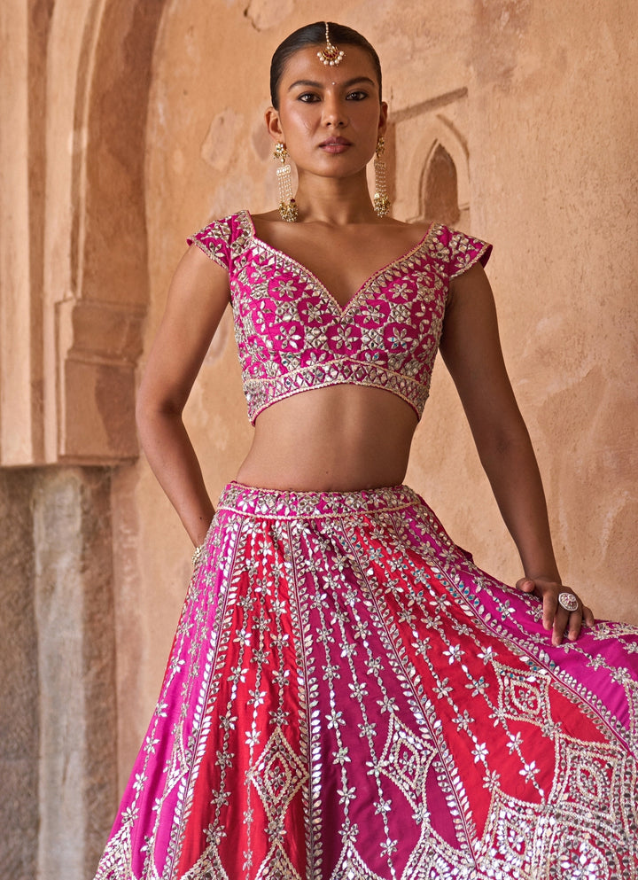 Multicolour Embroidered Raw Silk Lehenga Set