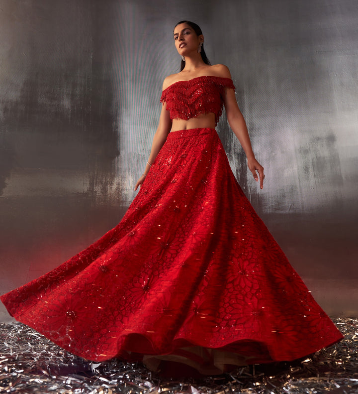 Royal Red Sequins Embroidered Bridal Lehenga Set