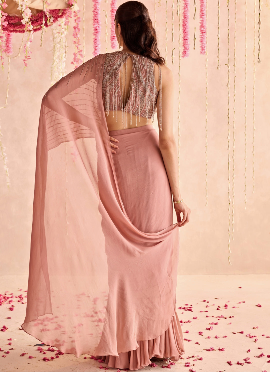 Champagne Pink Georgette Predraped Saree Set