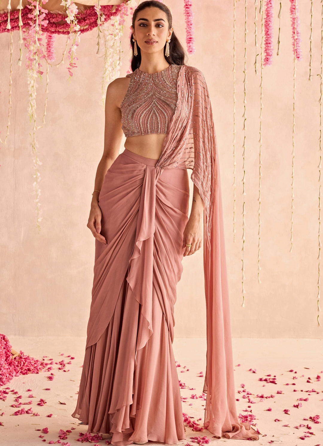 Champagne Pink Georgette Predraped Saree Set