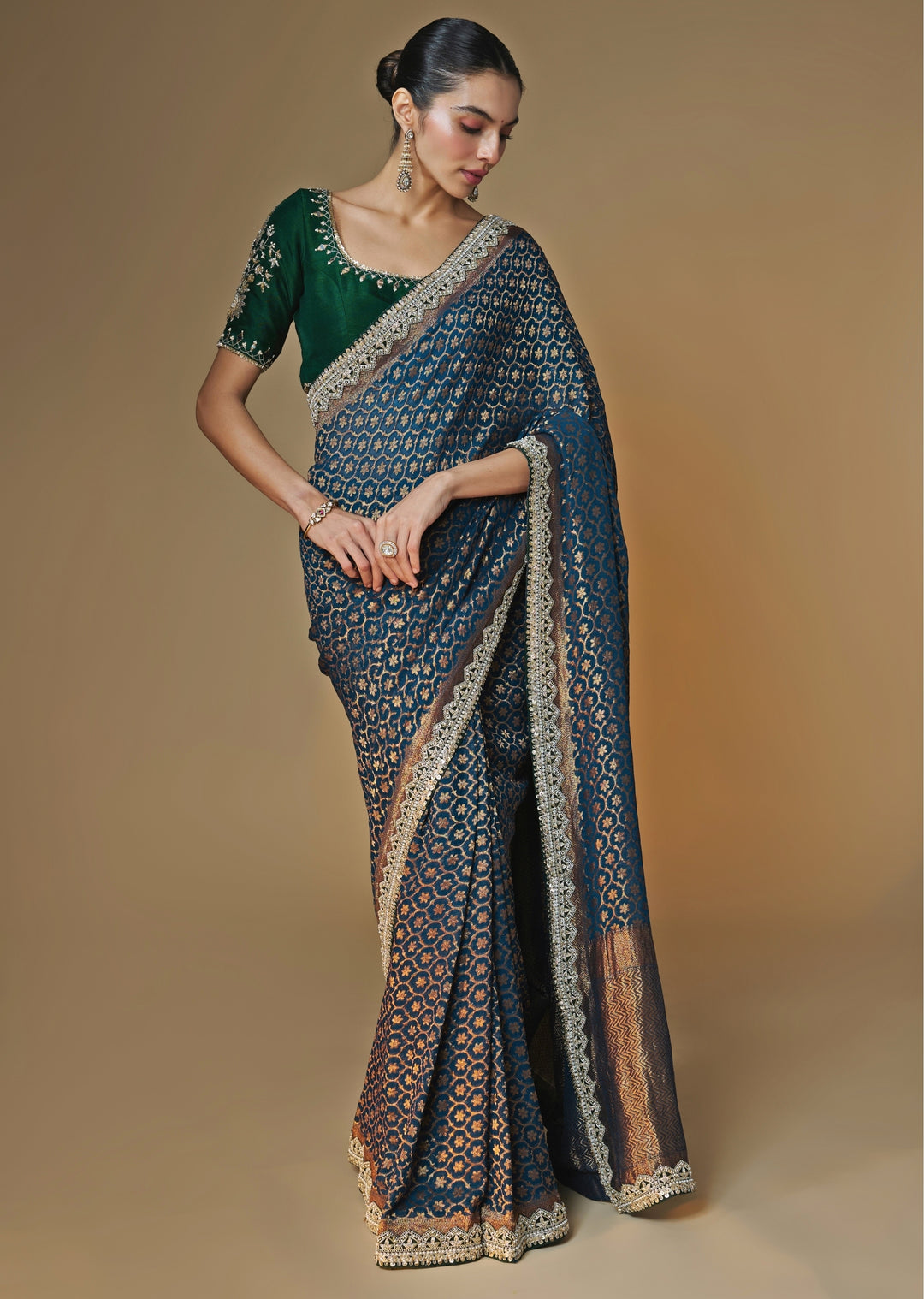 Emerald Green And Blue Banarasi Georgette Saree