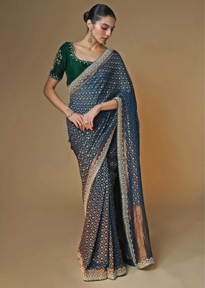 Emerald Green And Blue Banarasi Georgette Saree