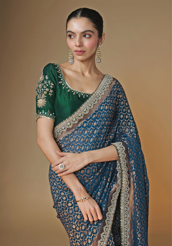 Emerald Green And Blue Banarasi Georgette Saree