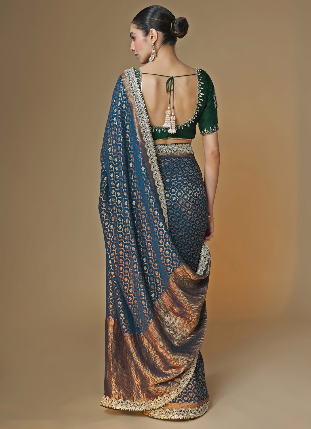 Emerald Green And Blue Banarasi Georgette Saree