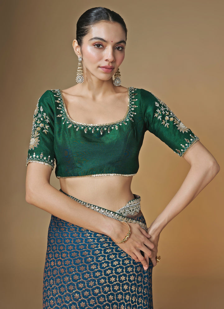Emerald Green And Blue Banarasi Georgette Saree