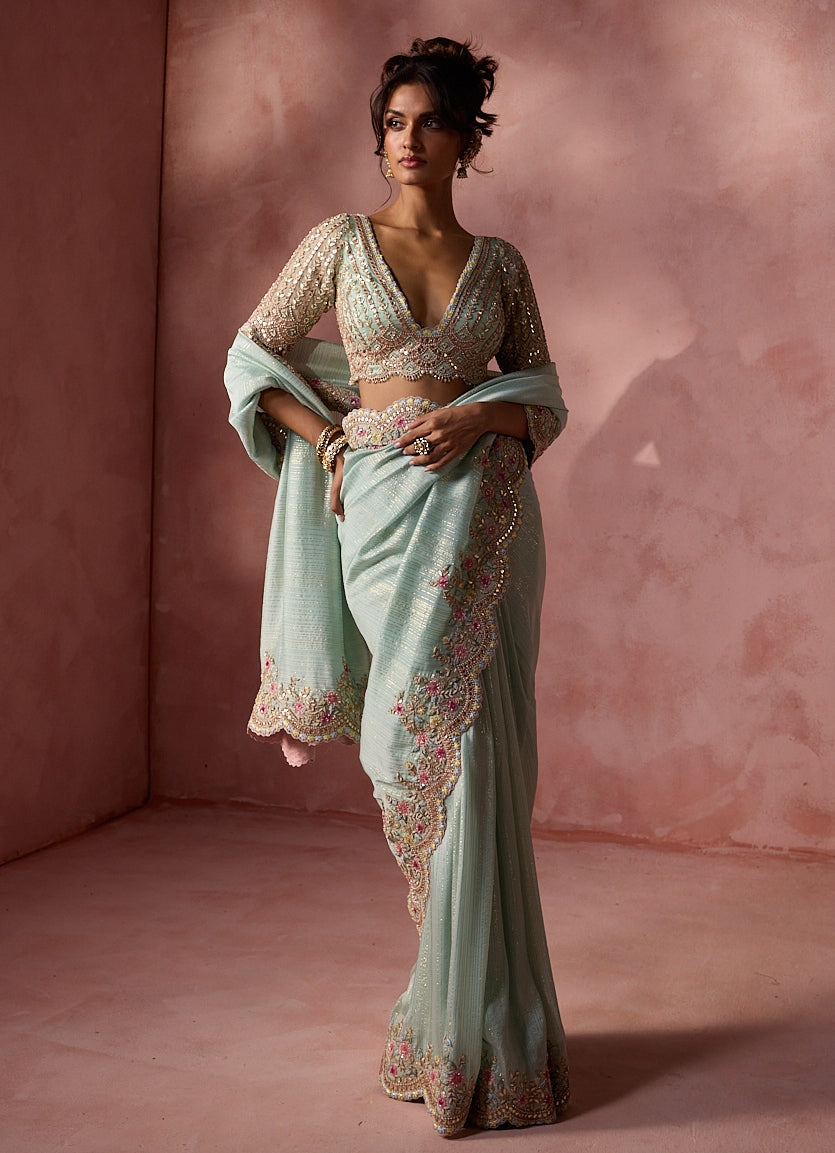 Powder Blue Lurex Georgette Saree