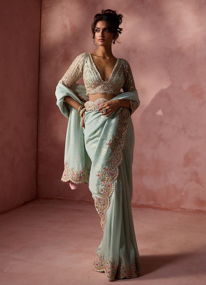 Powder Blue Lurex Georgette Saree