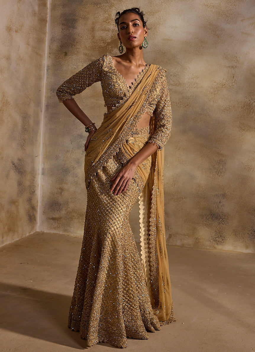 Gold Soft Net Pre-Draped Saree