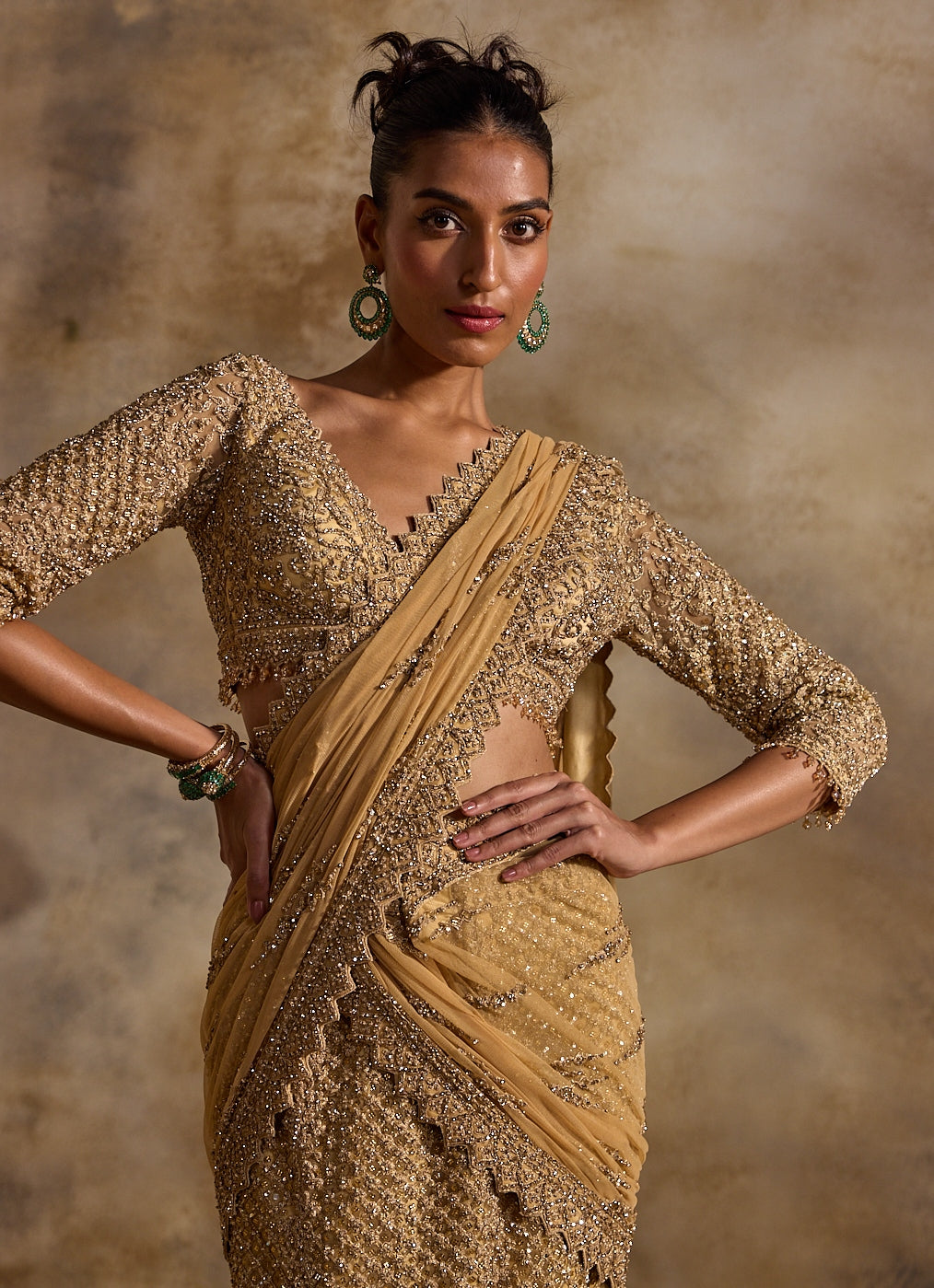 Gold Soft Net Pre-Draped Saree