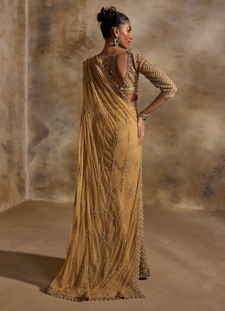 Gold Soft Net Pre-Draped Saree
