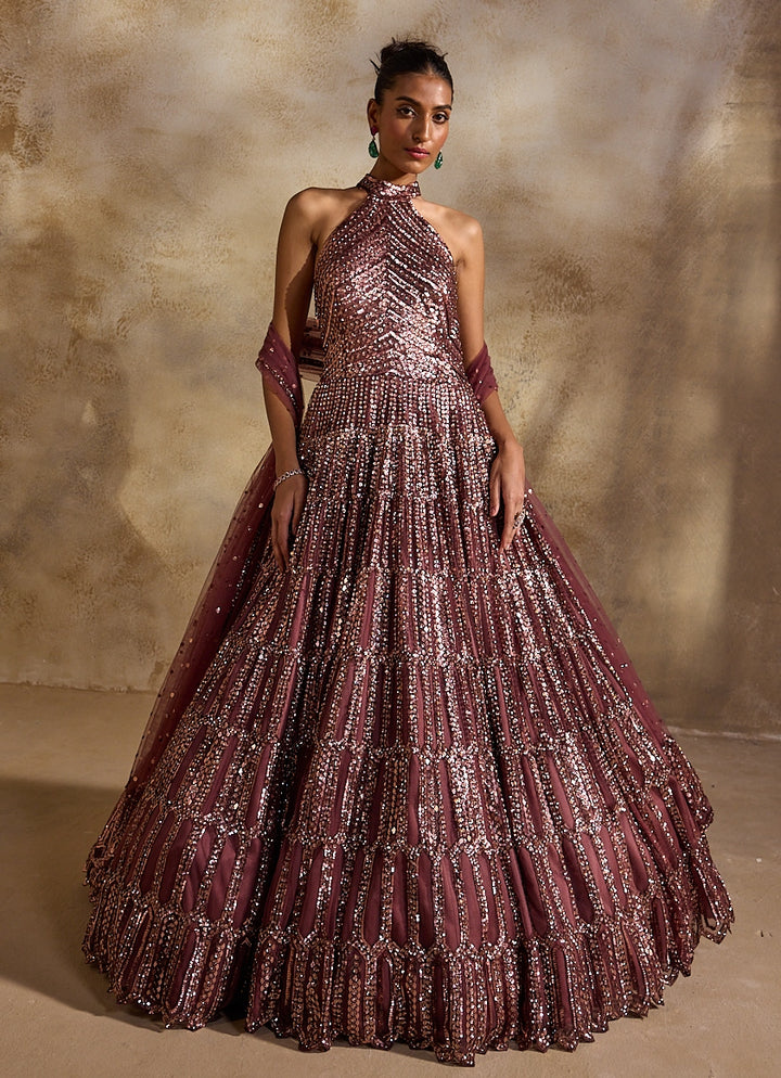 Old Rose Pink Tulle Halter Gown