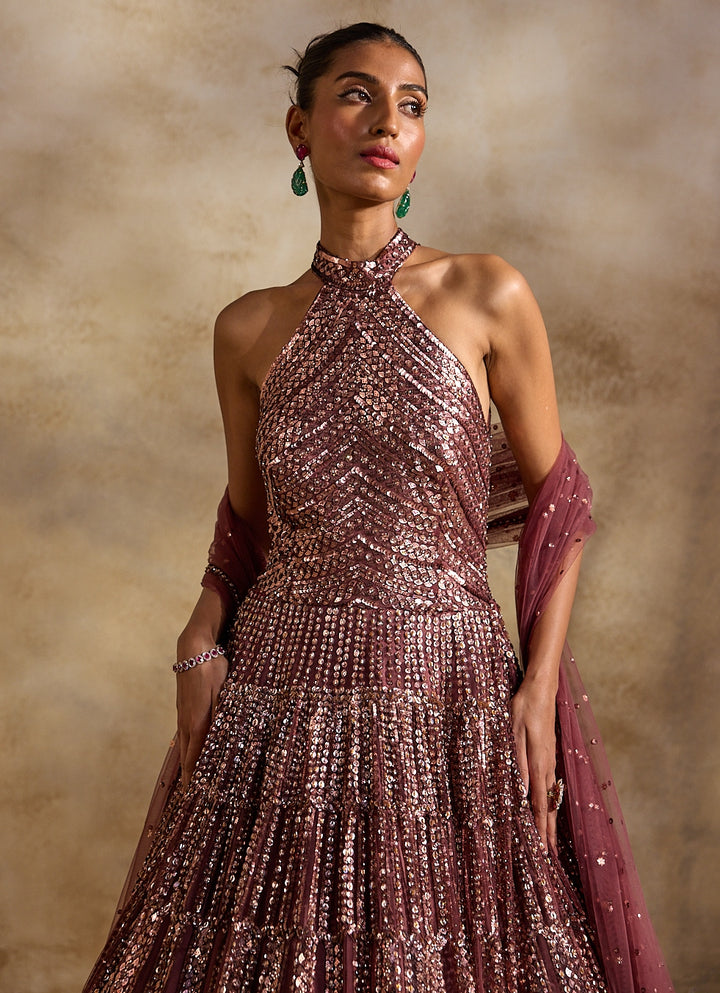 Old Rose Pink Tulle Halter Gown