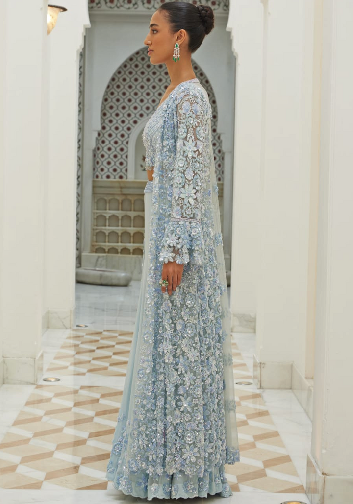 Ice Blue Embroidered Georgette Sharara Set