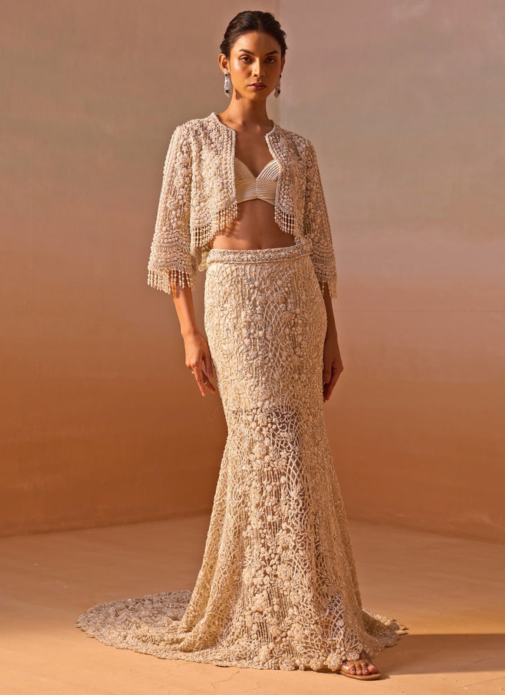 Ivory Soft Net Mermaid Trail Skirt Set With Jacket