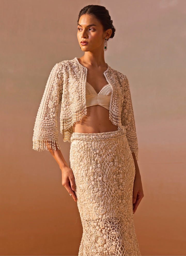 Ivory Soft Net Mermaid Trail Skirt Set With Jacket