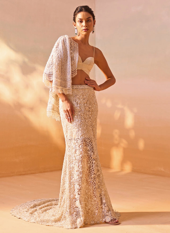 Ivory Soft Net Mermaid Trail Skirt Set With Jacket