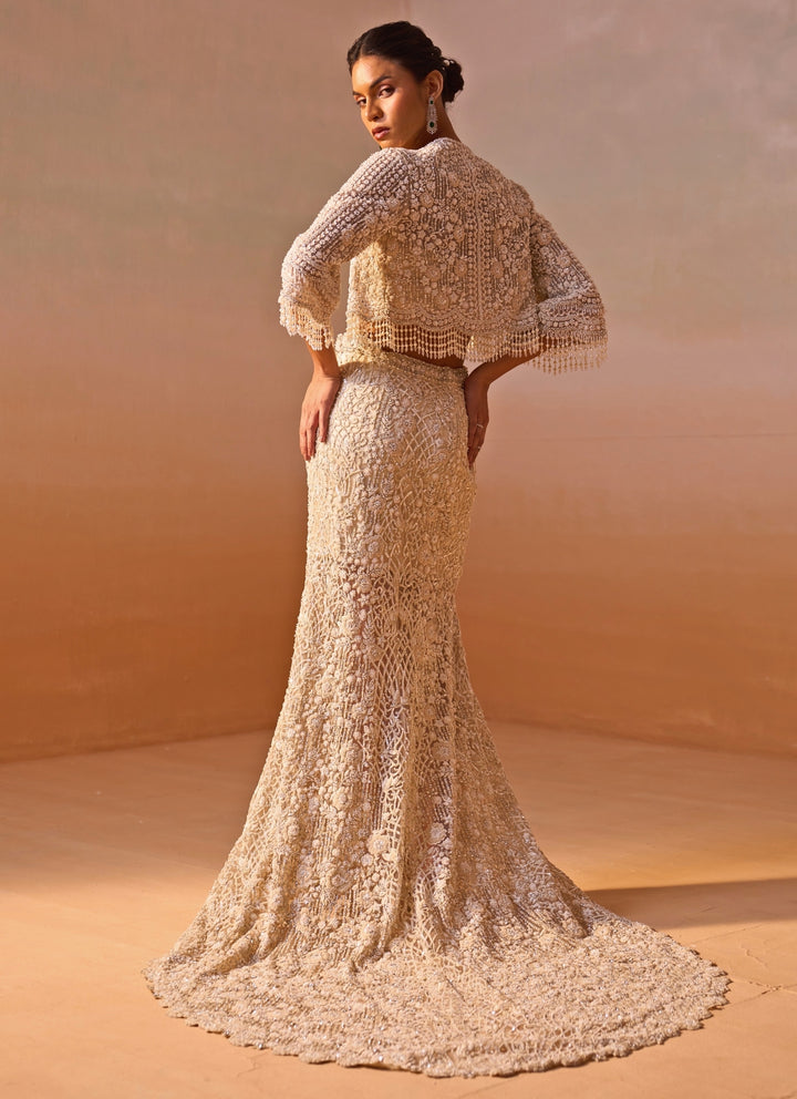 Ivory Soft Net Mermaid Trail Skirt Set With Jacket
